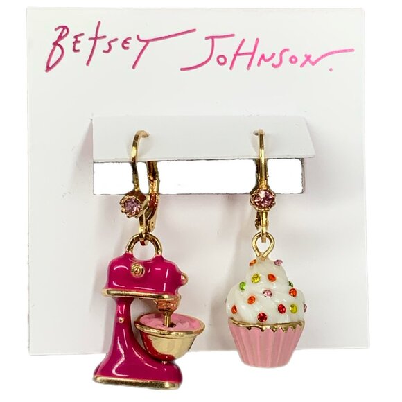 NWT Betsey Johnson Babycakes Cupcake Mixer Mismatch Drop Earrings Faux Stone - Picture 6 of 8